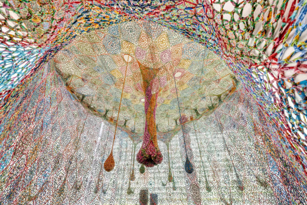 Installation image of Ernesto Neto: The Birth of Contemporous Blue Tree.