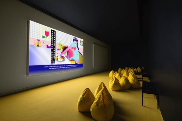 SCAD install image of Fables with yellow carpet