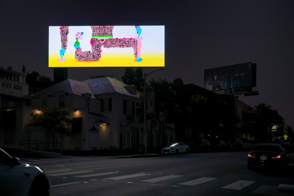 a bright illustrated animation of a figure shaving its leg against a dark city street backdrop