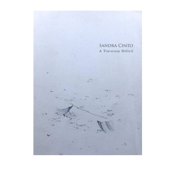 Exhibition catalogue cover. Delicate illustration of waves on a light blue background. Black title text: "Sandra Cinto, A Travessia Difícil"
