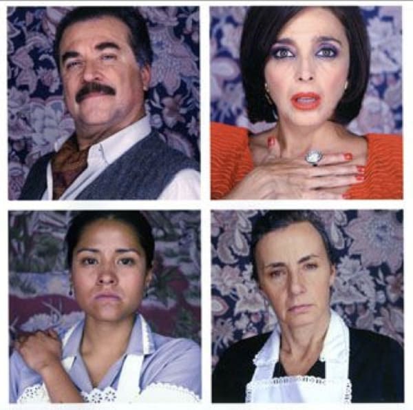 Exhibition catalogue cover for Phil Collins "Soy Mi Madre". Four portrait of Latinx people in a grid: an older man with a mustache wearing a cravat, a light-skinned woman with short dark hair clutching her chest with a shocked expression, a dark skinned m