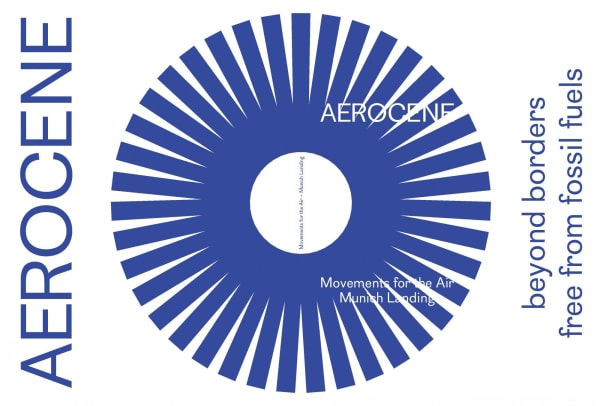 Book cover: blue wheel shape in the center. Text: Aerocene Movements for the Air Munich Landind, beyond border free from fossil fuels