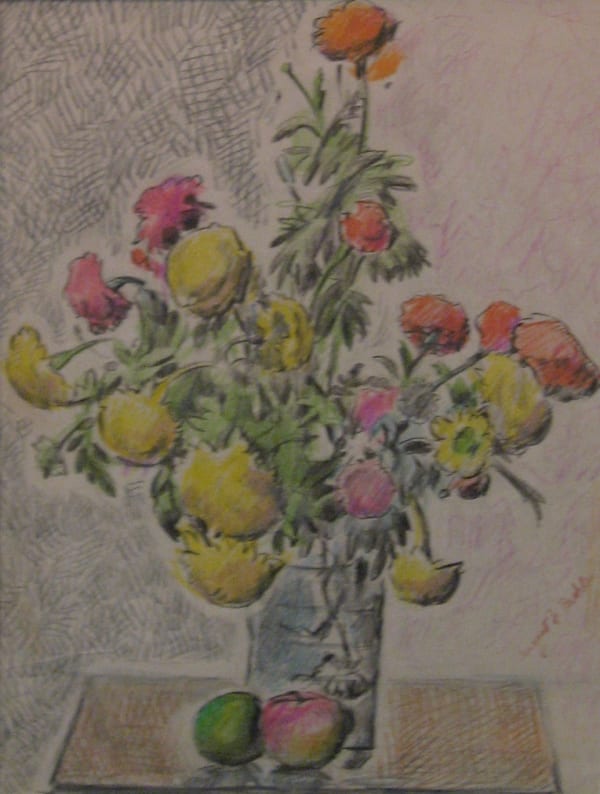 August Biehle Study for Oil of Flowers and Apple crayon and pencil 14 x 11 in
