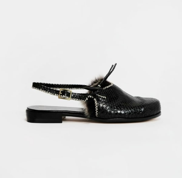 Shannon Berr 38. Maximum Scuff Shannon Berr python, fur, ebony tassel 4 x 4 x 11 per shoe (men 8.5, women 10)