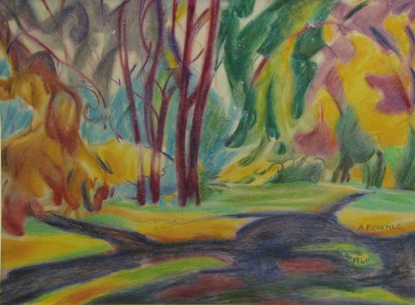 August Biehle Metropolitan Park Woods watercolor and color pencil 17 3/4 x 24 in