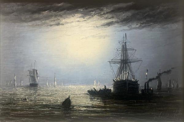 William Adolphus Knell, Maritime Scene: English Ship at Anchor in Moonlight