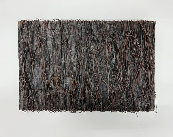 Kathleen Jacobs, Untitled, 1995, baling wire and encaustic paint (oil and wax) on Masonite, 15 3/4 x 24 x 3 in.