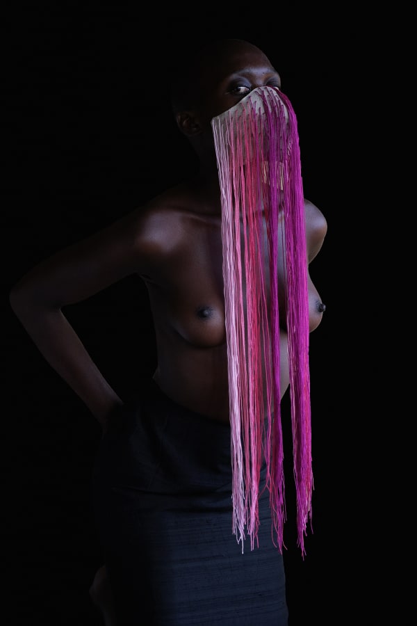 NONZUZO GXEKWA UNTITLED 03, 2020 100 x 68 cm | Edition of 8 plus 2 AP PIERRE LE RICHE UNTITLED III (MASK IN PINKS), 2020 Belgian linen, acrylic yarn, found fabric