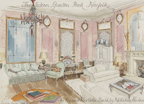 Nicky Haslam, The Saloon, Gunton Park, Norfolk for Mr and Mrs Colin David (2000). Watercolour, 30 x 40cm