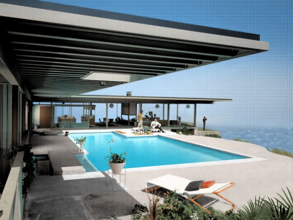 Pixelated artwork of LA modern house, Stahl house with a view overlooking the sea