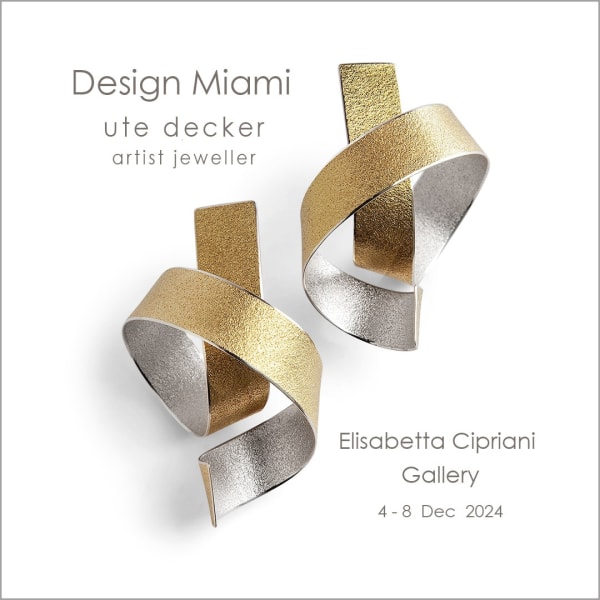 Photo caption: Man Ray Twist bimetal sculptural earrings by artist jeweler Ute Decker for Design Miami 2024, represented by Elisabetta Cipriani Gallery, specialist in wearable art and art jewelry.