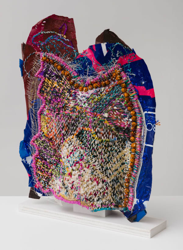 Josh Blackwell Neveruses (Shorten Spill Match) 2016 Plastic, wool, silk, paper 19 x 15 x 3.5 inches (48.3 x 38.1 x 8.9 cm) JBl 10