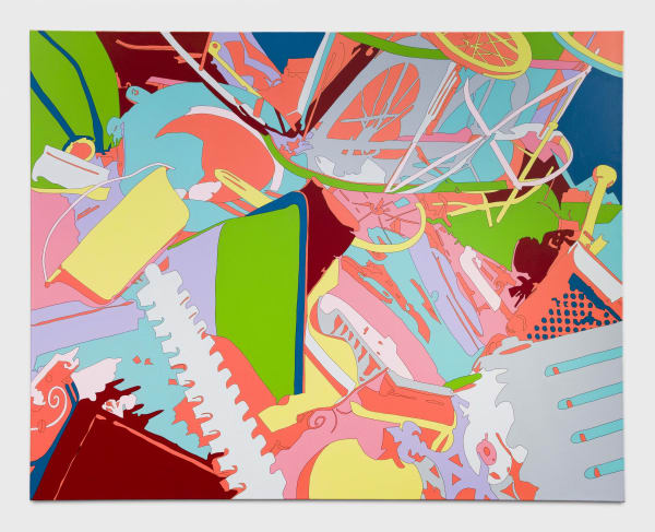 Anne Rosener: Salvage. Scrap for steel mills. Outworn metal articles of every kind lie in a neighborhood junkyard pending segregation and shipment to a steel mill where this valuable scrap will be processed into war materials 2014 Acrylic on canvas 59.1 x 74.8 inches (150 x 190 cm) LRu 2