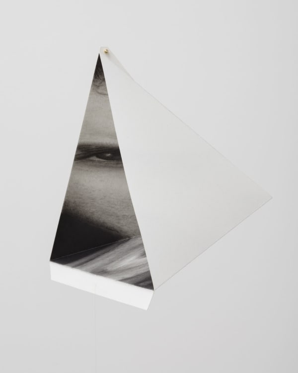 Anger/Tetrahedron 2013 - 2014 Paper, graphite, fixative, monofilament, brass beads, lead weights 7 x 7 x 7 inches (17.8 x 17.8 x 17.8 cm) HB 41