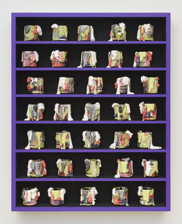 Grounding Techinque, 2022 Ceramic, glaze, glass (35 Elements), acrylic on wood shelf 60 x 48 x 6 in 152.4 x 121.9 x 15.2 cm BRo 198