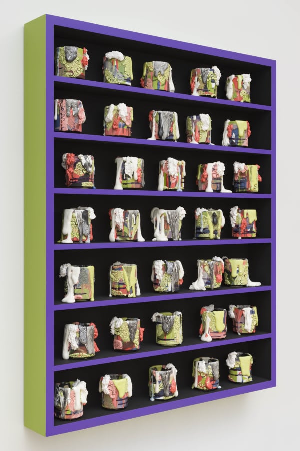 Grounding Techinque [alternate view], 2022 Ceramic, glaze, glass (35 Elements), acrylic on wood shelf 60 x 48 x 6 in 152.4 x 121.9 x 15.2 cm BRo 198