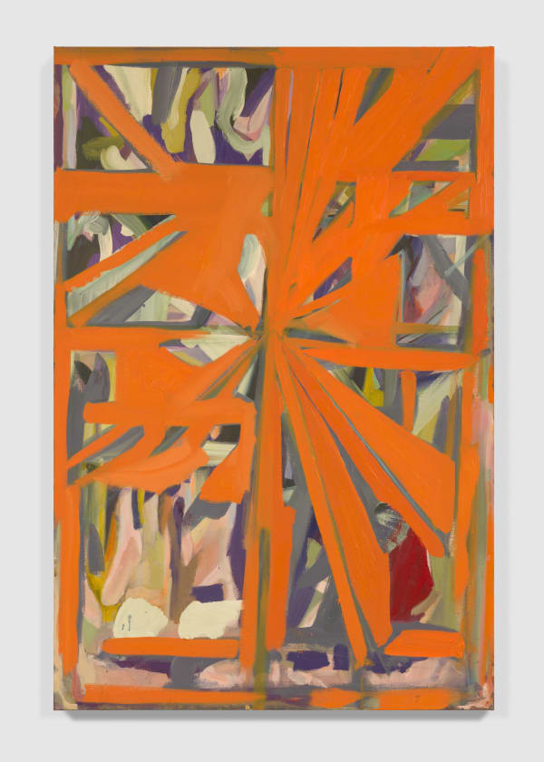 Spencer Lewis Proto-annunciation Bfly slash orange cage for Mark and Hedda, 2021 Oil on linen 55 x 36 1/2 in 139.7 x 92.7 cm