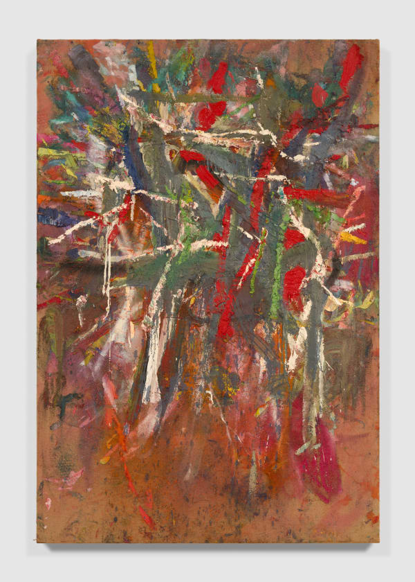 Spencer Lewis Untitled, 2021 Acrylic, oil, enamel, and ink on jute 69 x 47 in 175.3 x 119.4 cm (SPL 006) Private Collection