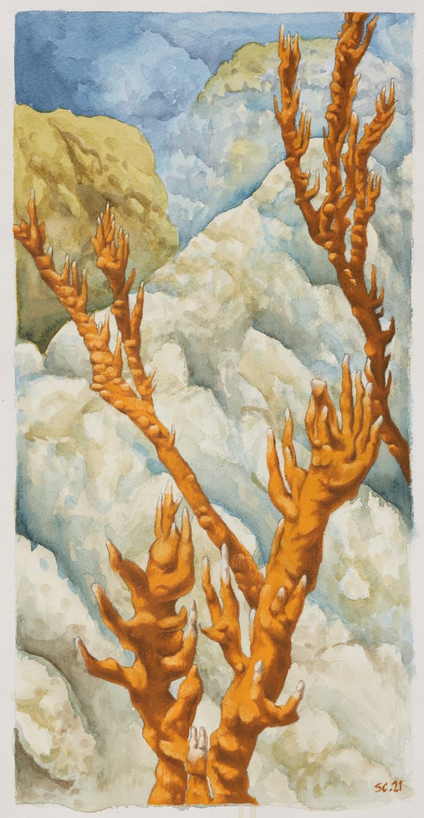 Sean Cavanaugh Undersea Fire, 2021 Watercolor & oil on paper 19.5 by 10.7 inches