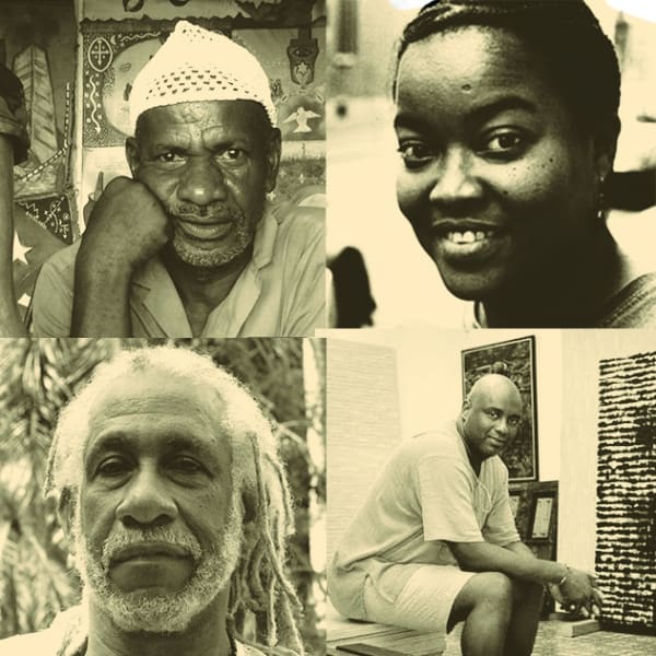Four tiles showing close-up portraits of artists from the von Christierson Collection. In order: Bernardo Sarria, Belkis Ayon Manso, Manuel Mendive, Diago Roberto Querol