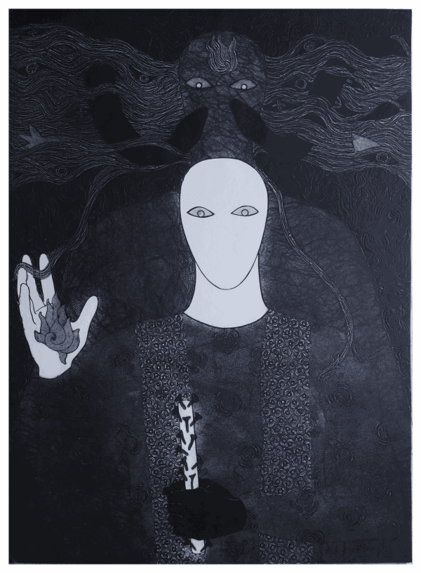 Stylised image of a white figure without a mouth, right hand raised. A menacing figure with a face that looks like a mountain range stands behind t.