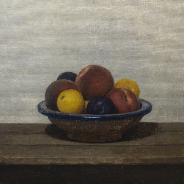 Moroccan Bowl with Peaches and Plums, 2021 oil on linen 12 x 12 inches