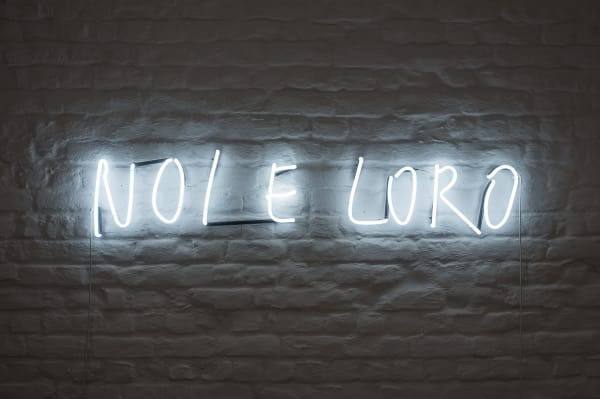 Noi e loro, 2020,white neon lamps, cm 38 x 180. Ph Giorgio Benni