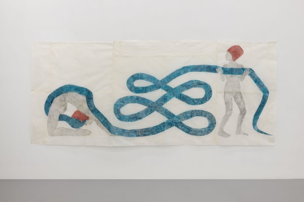 Marta Roberti, Due Sorelle a Confronto Con il Caos, 2025, drawing and collage with graphite and oil pastel from handmade carbon paper on Taiwanese mulberry paper, cm 150 x 365.5. Ph Roberto Apa