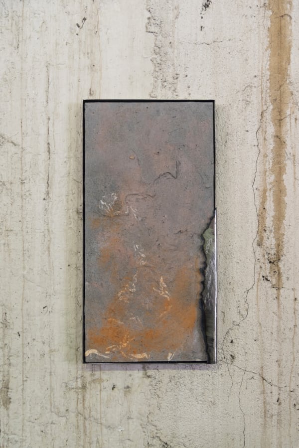 Enea Toldo, Sand-storm, 2024, pigment, clay, sand, wood fiber, plywood, iron, cm 35 × 17,5