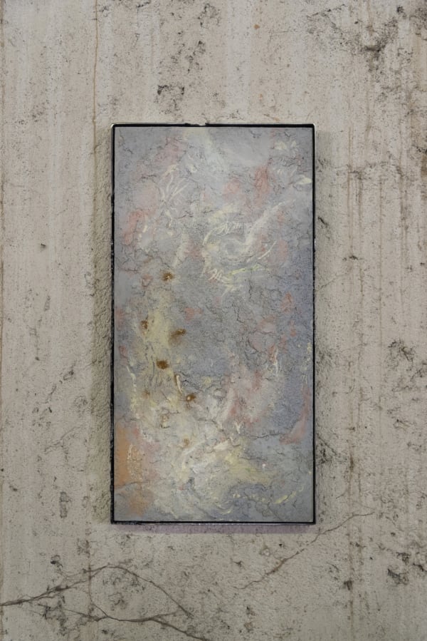 Enea Toldo, Soft gaze, 2024, pigments, ground earth, clay, sand, wood fiber, plywood, iron, cm 35 × 17,5