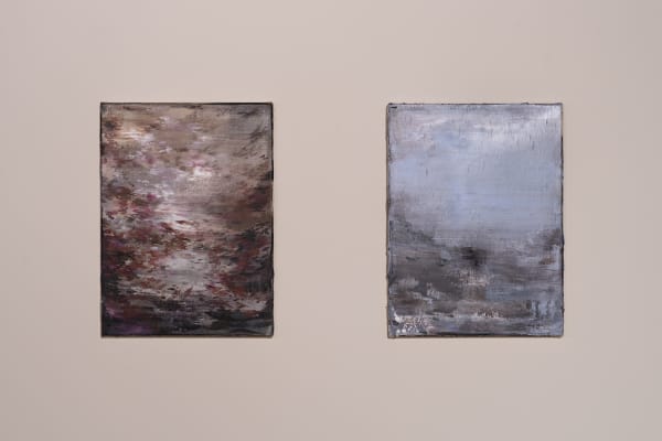 on the left, Nazzarena Poli Maramotti, Abbacinante, 2025, oil on canvas, cm 40 x 30 on the right, Nazzarena Poli Maramotti, Bagliore azzurro, 2025, oil on canvas, cm 40 x 30