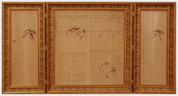 Ab Origine, Installation View, z2o Sara Zanin gallery, room 3 Details Amy Cheung, Imagine Hero, 2013. Incision on wood, blood, golden frame; cm 80 x 160. Video documuentation, 9’09’’