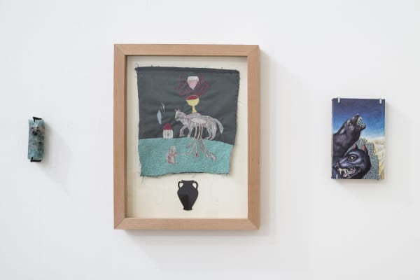 Evgeny Antufiev, Untitled, 2015, aquamarine cm 11.5 x 4 x 2, embroidery cm 64.5 x 36.5 x 5, book cm 20.5 x 13 x 2.5