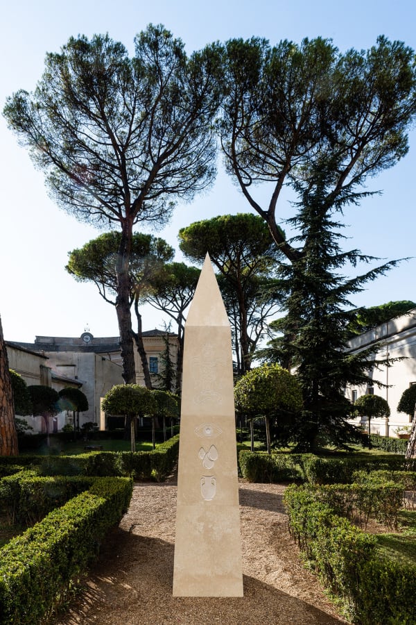 Evgeny Antufiev Obelisk, 2020 engraved travertine 300 x 60 x 60 cm Courtesy the artist & z2o Sara Zanin Photocredits Ela Bialkowska, OKNOstudio