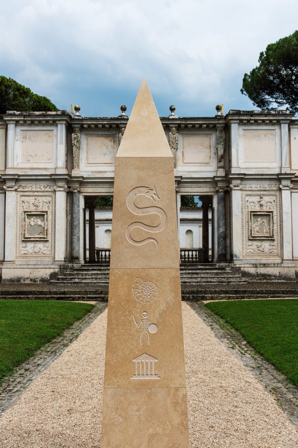 Evgeny Antufiev Obelisk, 2020 engraved travertine 300 x 60 x 60 cm Courtesy the artist & z2o Sara Zanin Photocredits Ela Bialkowska, OKNOstudio