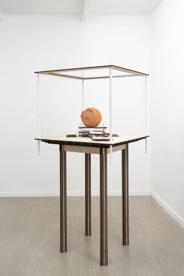 Michele Guido filanda 05.04.15 _andricus quercustozae project _via della vetrina 21, 2020 case: laser cut on multistrato okumè, luxar glasses a.r. 2mm, plaster, steel; ceramic: gres sibelco ceramic K126, engobe cm 172 x 80 x 80 Workshops: Pierluca ceramics by Dario Bevilacqua (Albissola Marina) and ceramic laboratory by Marco Tortarolo (Albissola Superiore).