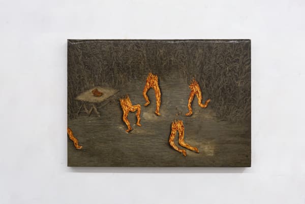 Il ballo dello studio, 2023, glaze and oil on canvas, cm 35 x 50