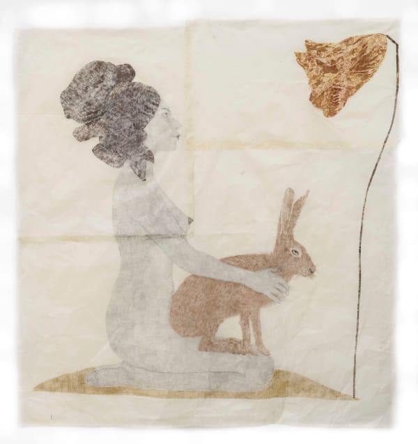 Marta Roberti, Self-portrait as maya moon goddess Ixchel with hare, 2023, drawing and collage with graphite and oil pastel from handmade carbon paper, on Taiwanese gampi paper, cm 129,5 x 121,5