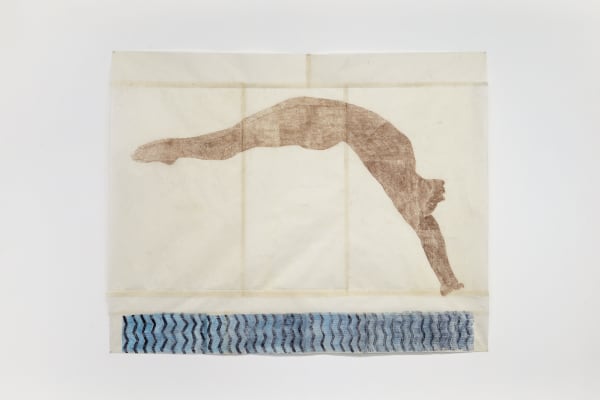 Marta Roberti, Tuffatrice, 2025, drawing and collage with graphite and oil pastel from handmade carbon paper on Taiwanese mulberry paper, cm 111 x 138. Ph Roberto Apa