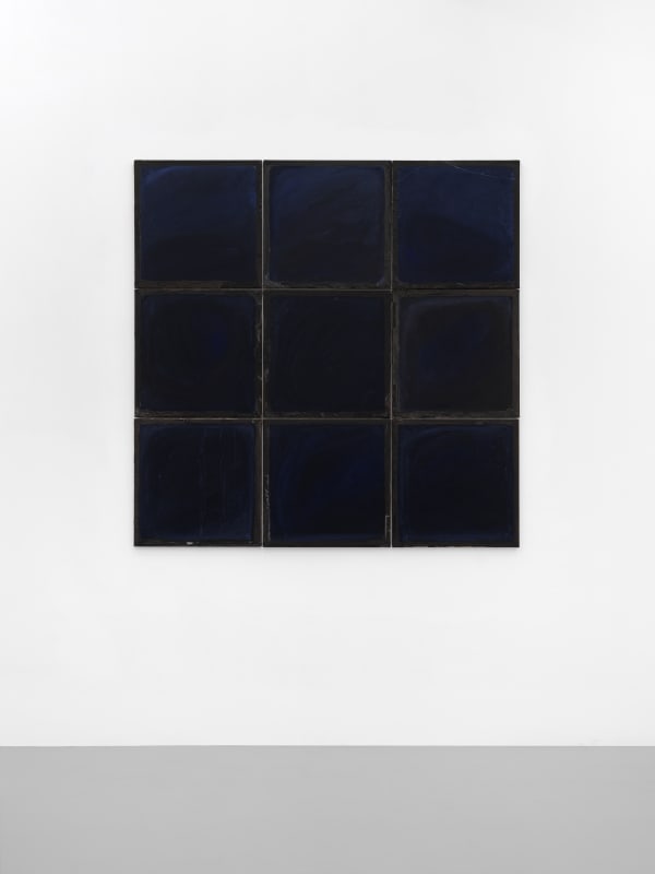 The window (a bit of night), 2024, oil on linen, cm 150 x 150 overall, cm 50 x 50 each (nine pieces). Ph. Dario Lasagni