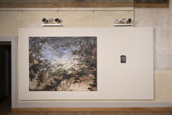 on the left, Nazzarena Poli Maramotti, Le albe che mi sono persa provo a immaginarle, 2025, oil on canvas, cm 160 x 200