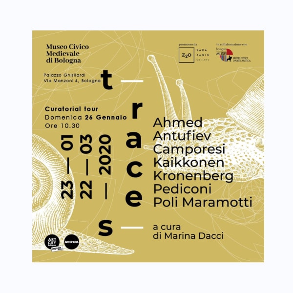 Traces, curated by Marina Dacci Ahmed, Antufiev, Camporesi, Kaikkonen, Kronenberg, Pediconi, Poli Maramotti Opening Friday January 24th, 7-10 pm Medieval Civic Museum of Bologna Palazzo Ghisilardi, Via Manzoni 4, Bologna