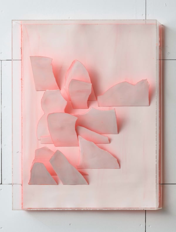Senza titolo, 2003, watercolour paper, steel wire, watercolour, acrylic, plexiglass case, 77 x 59 x 11,5 cm.