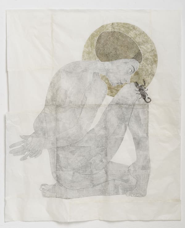 Autoritratto come Santa Oliva con Scorpione, 2025, handmade carbon paper drawing with oil pastel, graphite on mulberry paper handmade in Taiwan, 169 x 140 cm.