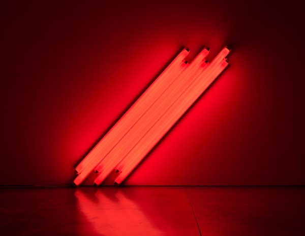 Dan Flavin, untitled (to V. Mayakovsky) 1, 1987. Six 4-foot red fluorescent lights, 48 in. (122 cm) on the diagonal. Courtesy of Zeit Contemporary Art, New York.