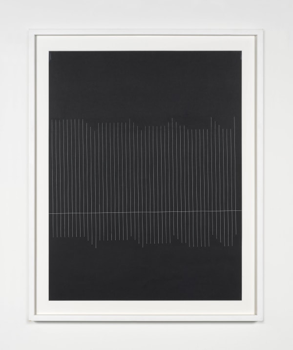 Elena Asins. 12 E 59 10 KV 575, 1979. White ink on black light cardboard. 25 3/5 × 19 7/10 in; 65 × 50 cm. Courtesy of Zeit Contemporary Art, New York