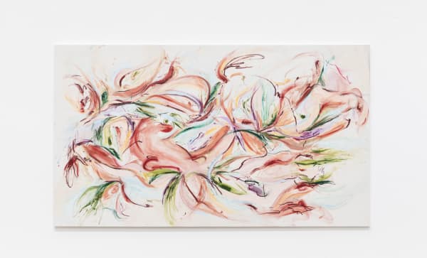 Julia Pereira Os Protagonistas, 2025 Óleo, bastão oleoso e pastel oleoso sobre algodão 120 x 270 cm