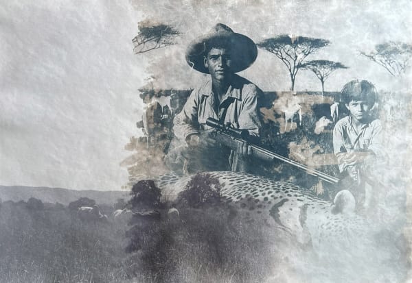 Rafael de Almeida Amigo da onça, 2024 Cianotipia sobre impressão de fotografia analógica 35mm em papel aquarela 70 x 100 cm