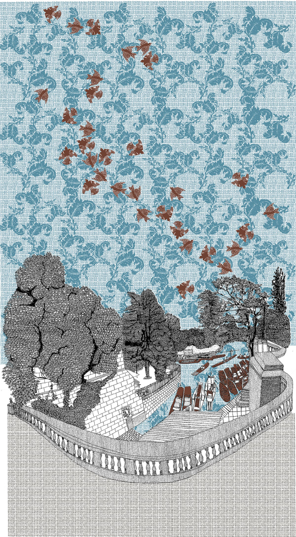 Clare Halifax screen print, showing a view of Oxford punters from the perspective of a viewer on the bridge, textile pattern detailing the sky with a flock of black birds.