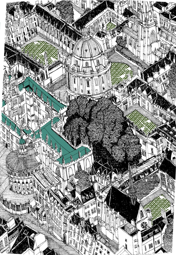 Clare Halifax screen print piece, showing a detail birds eye view of central oxford rooftops with small sections of textile pattern.